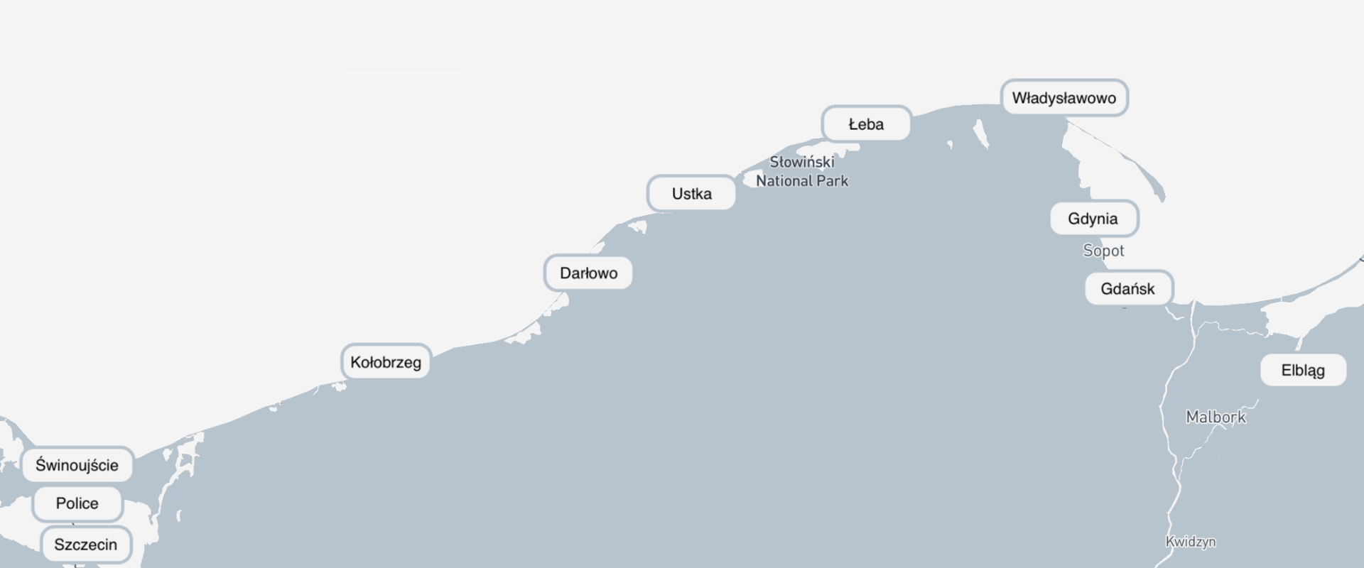Map of Polish Baltic ports covered by East-Nav: Świnoujście, Police, Szczecin, Kołobrzeg, Darłowo, Ustka, Łeba, Władysławowo, Gdynia, Gdańsk, Elbląg